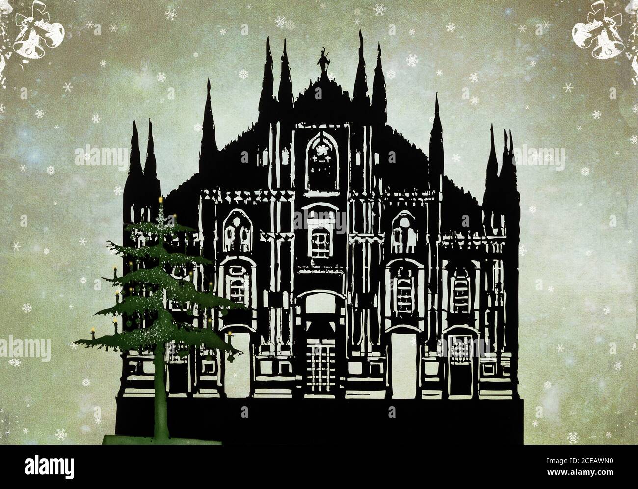 Neve d'inverno e fiocchi di neve sullo sfondo della Cattedrale di Milano abbellito Con un imponente albero di Natale nel mese di dicembre Foto Stock