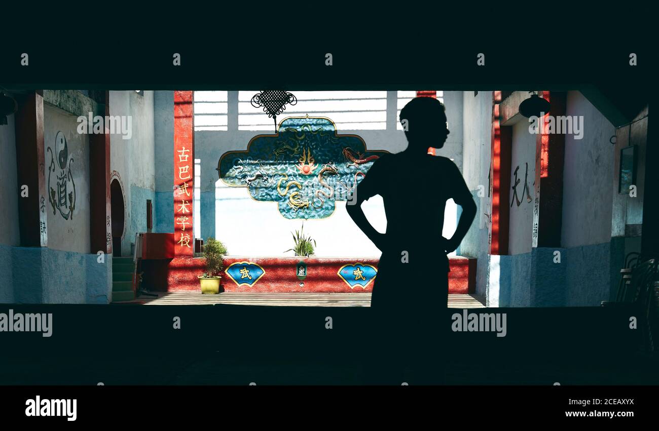 Silhouette di ragazzo in piedi in ombra contro luminoso colorato orientale design del patio in luce solare Foto Stock