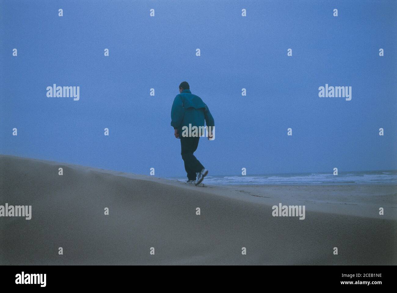 Vista posteriore dell'uomo in giacca calda e pantaloni a piedi sulla spiaggia di sabbia vicino al mare sullo sfondo di blu nuvolosa cielo Foto Stock