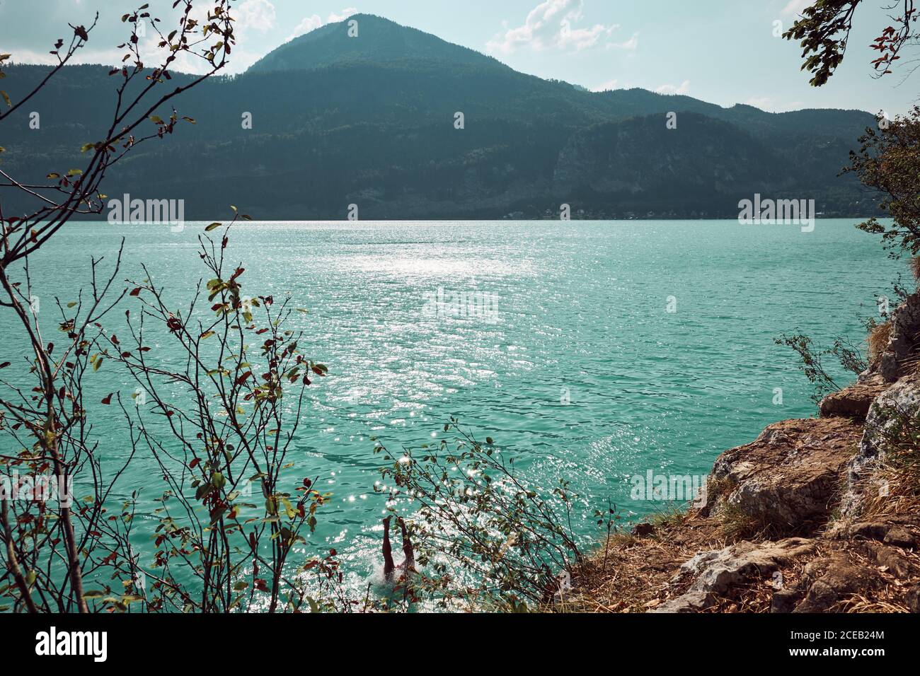 uomo che salta in acqua Foto Stock