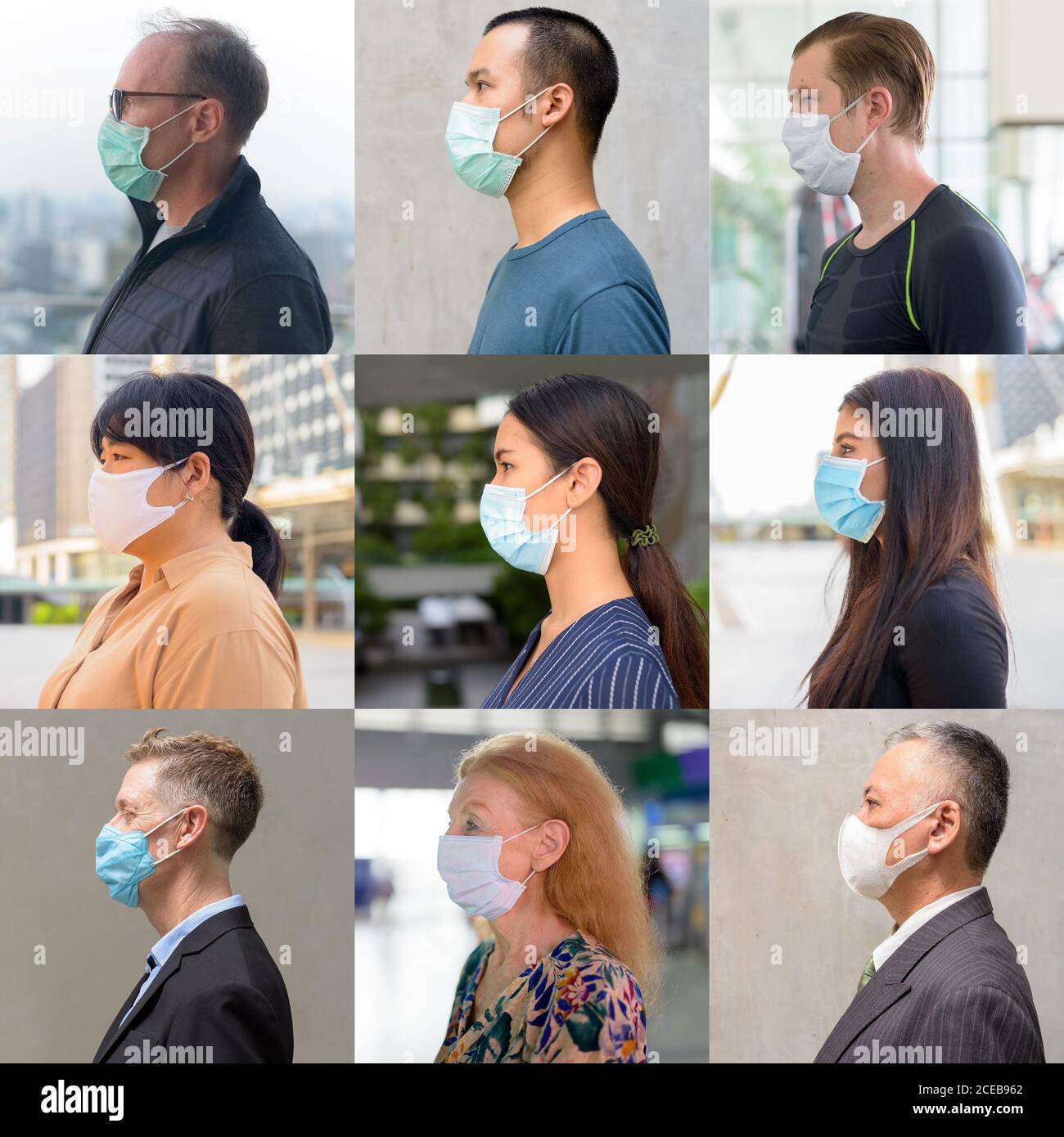 Vista del profilo collage di persone che indossano una maschera facciale protettiva Foto Stock