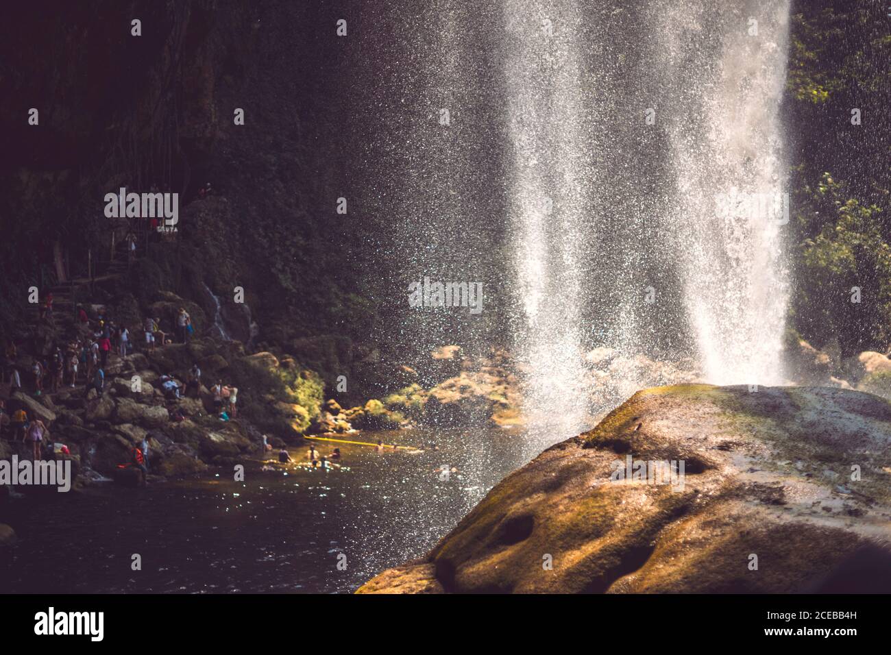 Vista mozzafiato del sottile flusso d'acqua che cade dalla scogliera Nella maestosa giungla messicana Foto Stock