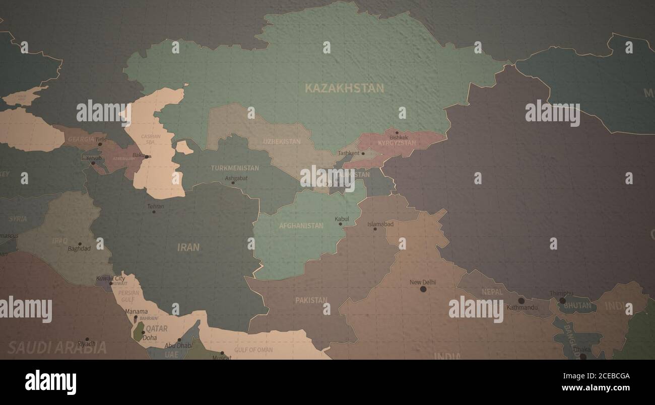 Mappa dell'Asia centrale. Mappa continentale dettagliata del mondo su carta d'epoca. Foto Stock