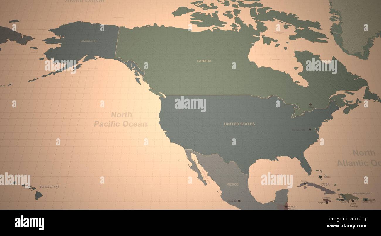 Mappa del Nord America. Mappa continentale dettagliata del mondo su carta d'epoca. Foto Stock