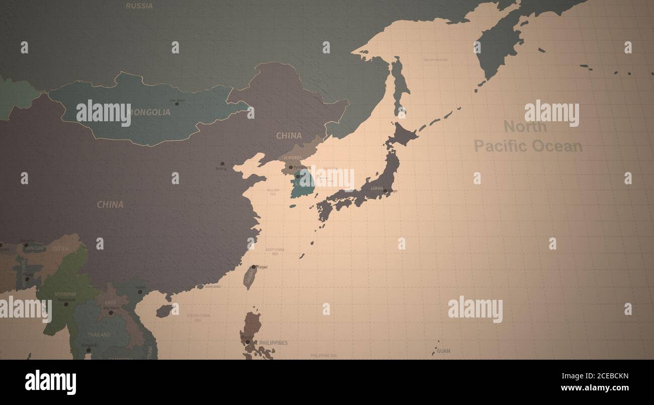 Mappa del Nord Est Asiatico. Mappa continentale dettagliata del mondo su carta d'epoca. Foto Stock