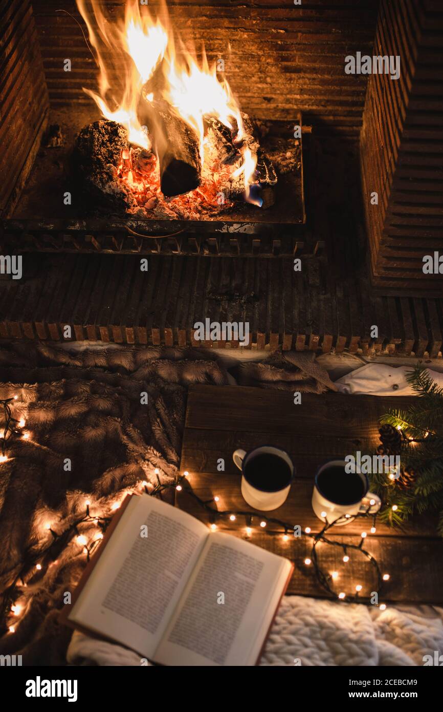 paesaggio libro e tazza vicino camino Foto Stock