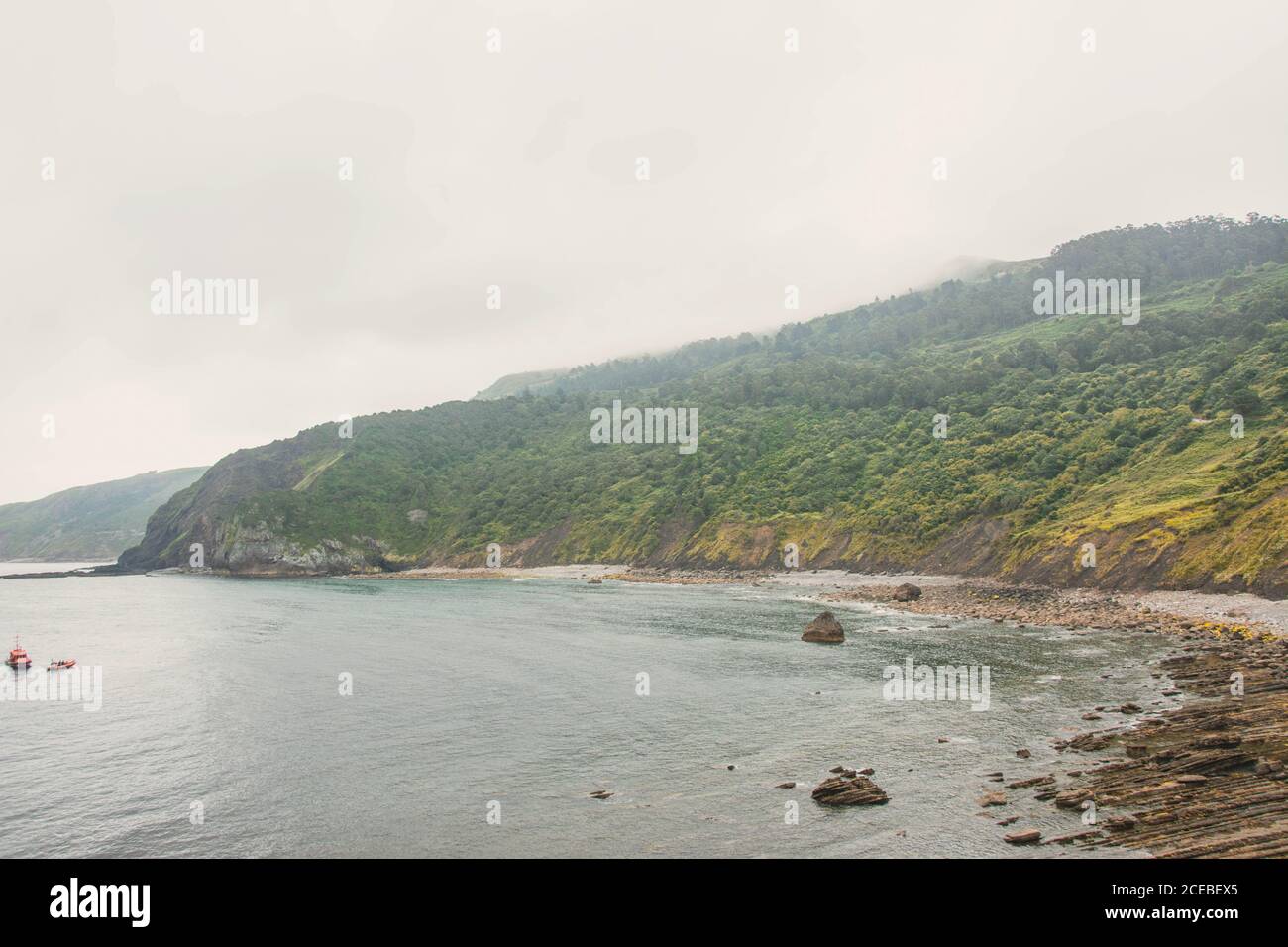 Osservando il panorama dell'isola di Gaztelugache dall'alta scogliera verde nella nebbia, Spagna Foto Stock