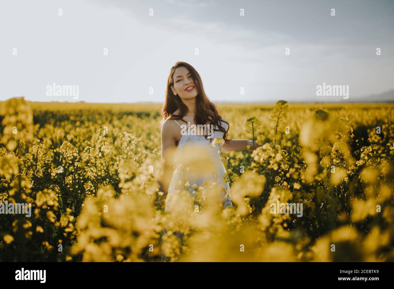 Donna con fiori in campo Foto Stock