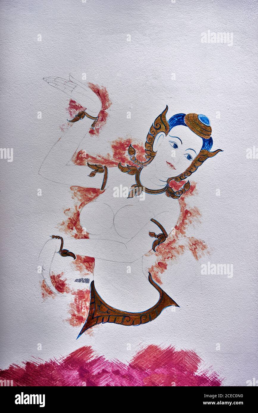 Fantasia muro arte di una tradizionale ballerina tailandese donna. Tailandia, Asia sudorientale Foto Stock