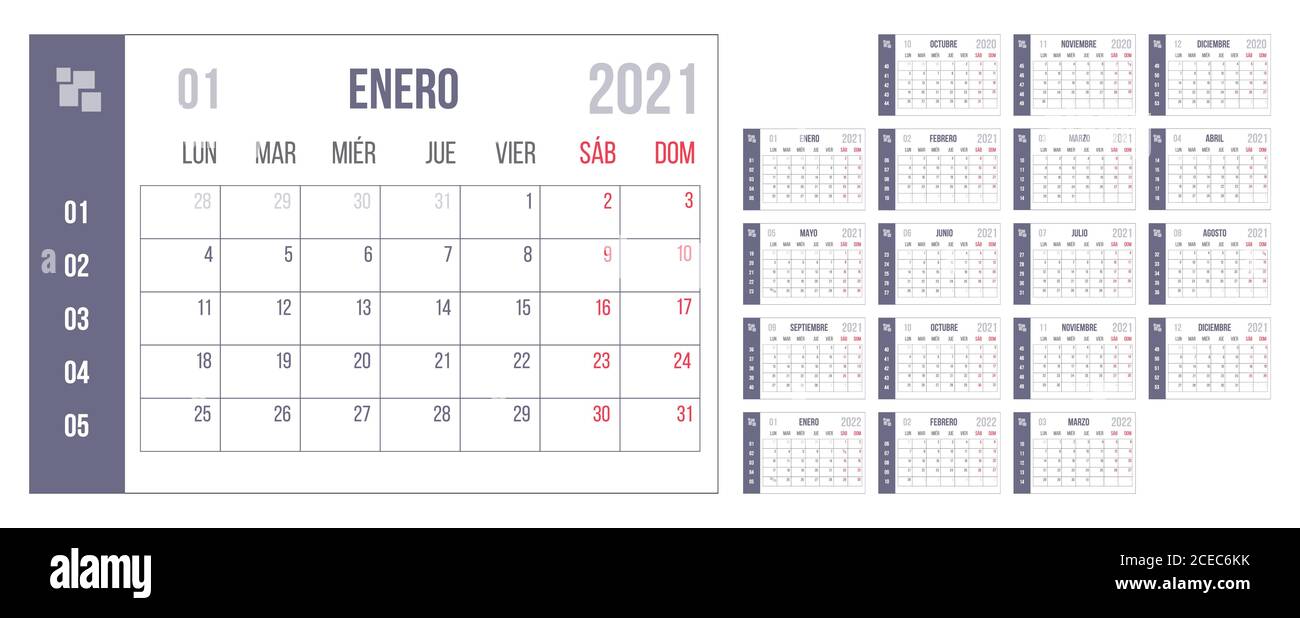 Anno blu spagnolo calendario personale organizer set Illustrazione Vettoriale