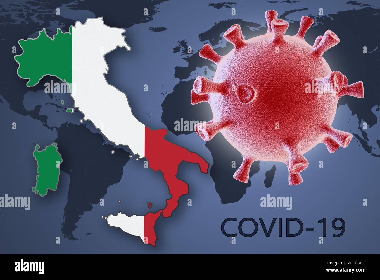Cella di coronavirus e mappa dell'Italia sullo sfondo del Mappa del mondo Foto Stock