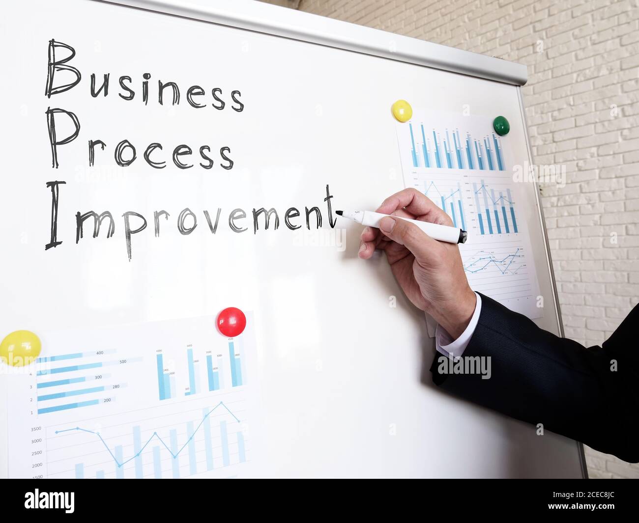 Il manager BPI del miglioramento dei processi aziendali scrive su una lavagna. Foto Stock