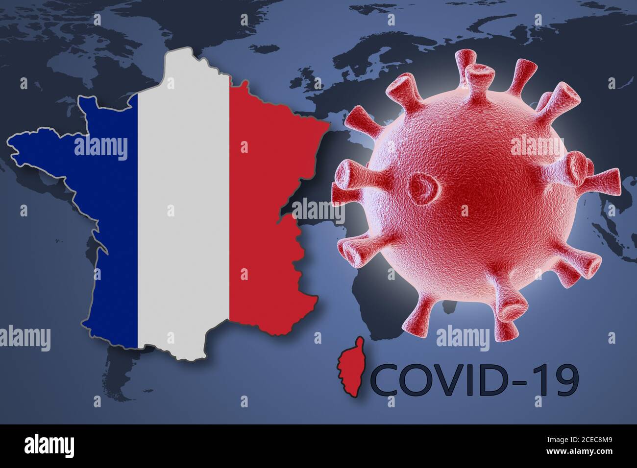 Cella di coronavirus e mappa della Francia sullo sfondo del Mappa del mondo Foto Stock