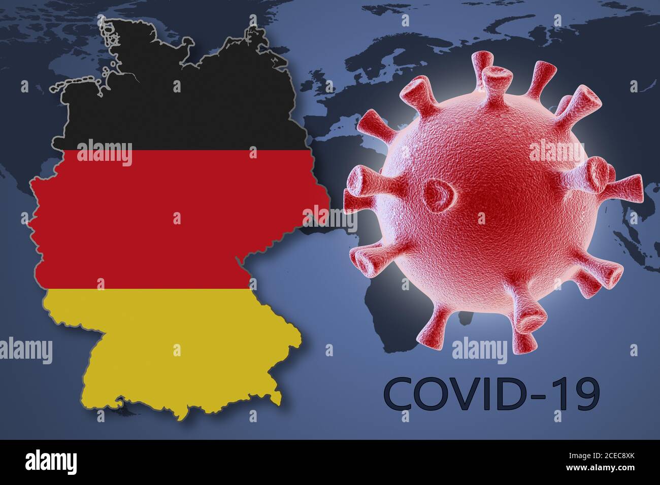 Cellula di coronavirus e mappa della Germania sullo sfondo del Mappa del mondo Foto Stock