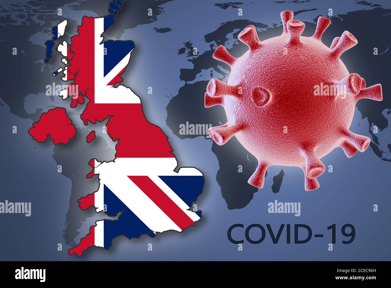 Cellula di coronavirus e mappa della Gran Bretagna sullo sfondo del Mappa del mondo Foto Stock