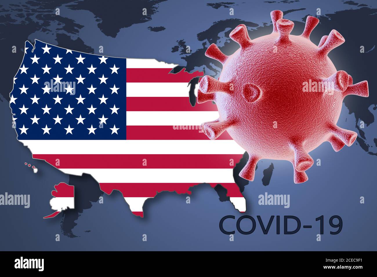 Cellula di coronavirus e mappa degli Stati Uniti sullo sfondo del Mappa del mondo Foto Stock