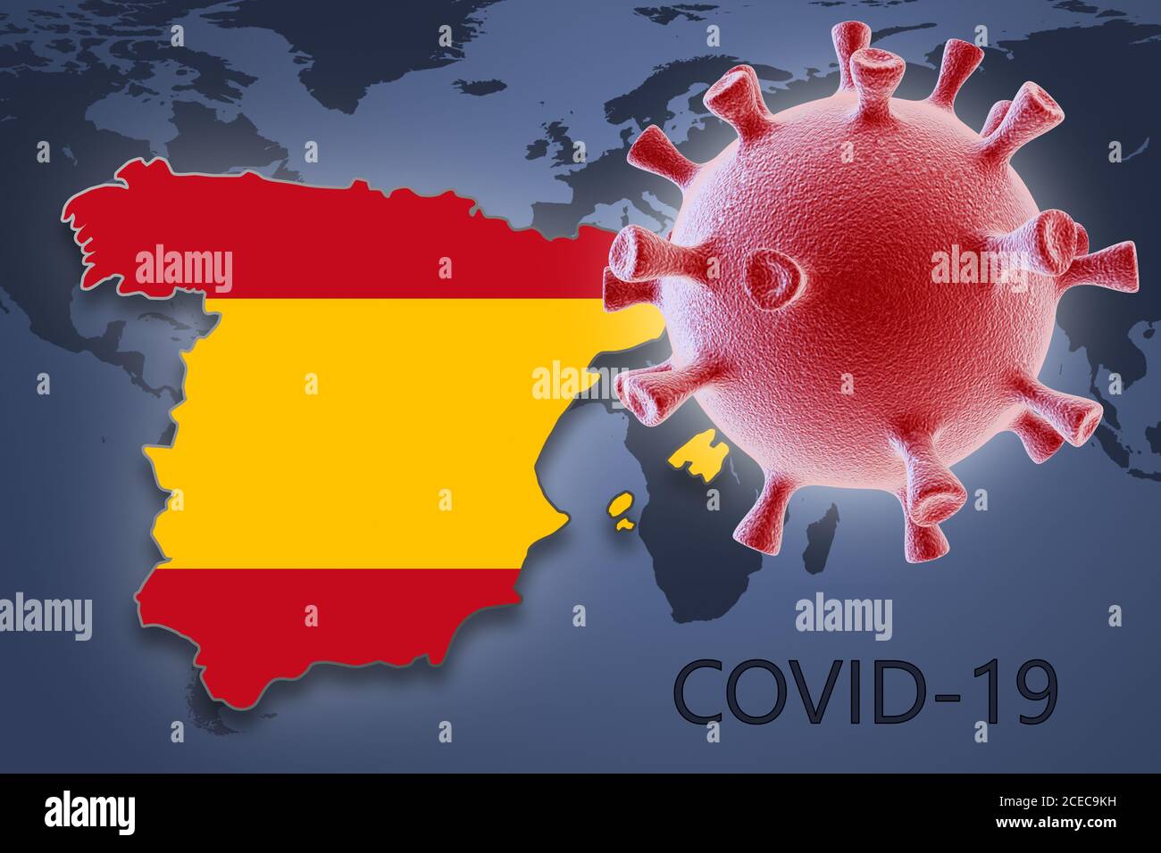 Cellula di coronavirus e mappa della Spagna sullo sfondo del Mappa del mondo Foto Stock