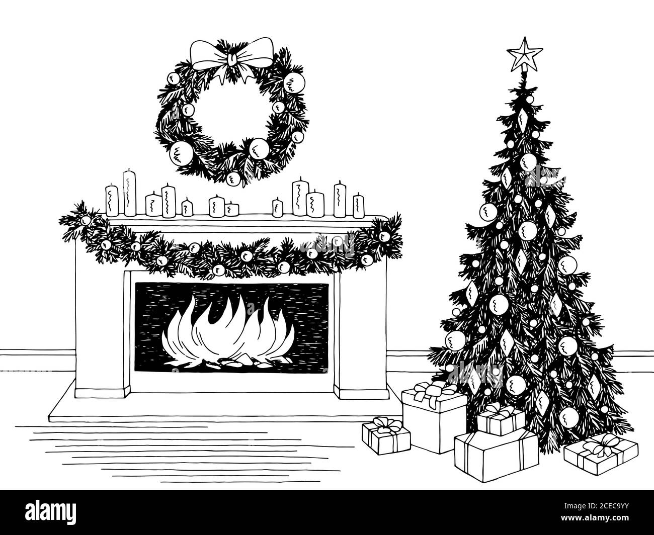 Salotto grafico albero di Natale camino nero bianco disegno interno vettore di illustrazione Illustrazione Vettoriale