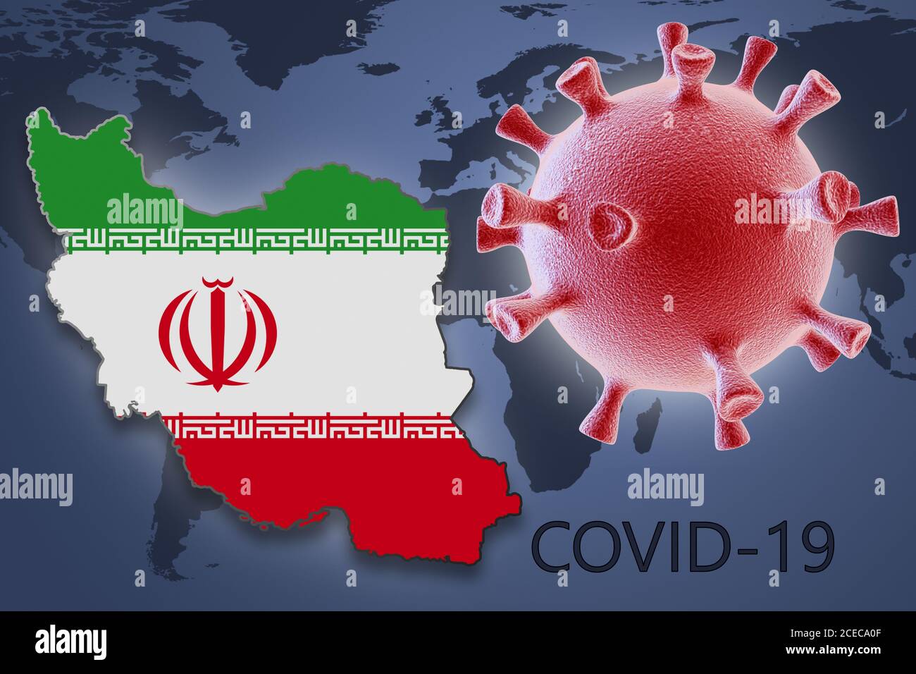 Cellula di coronavirus e mappa dell'Iran sullo sfondo del Mappa del mondo Foto Stock