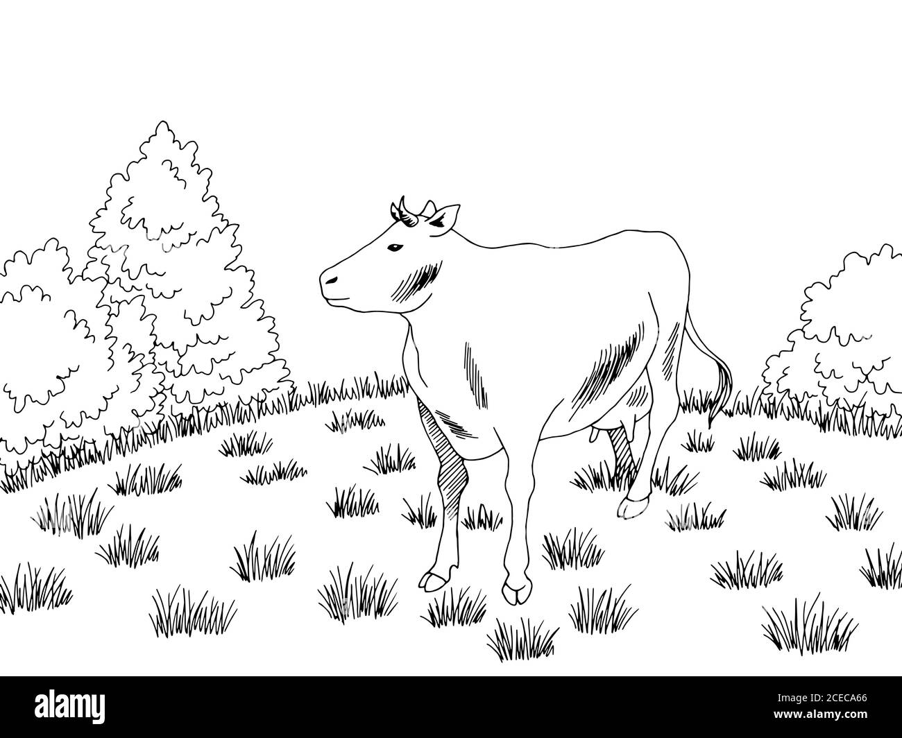 Mucca che nutrono erba sulla collina grafico bianco nero schizzo vettore di illustrazione Illustrazione Vettoriale