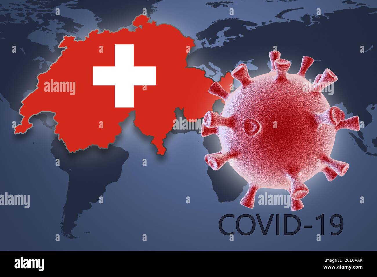 Cellula di coronavirus e mappa della Svizzera sullo sfondo del Mappa del mondo Foto Stock