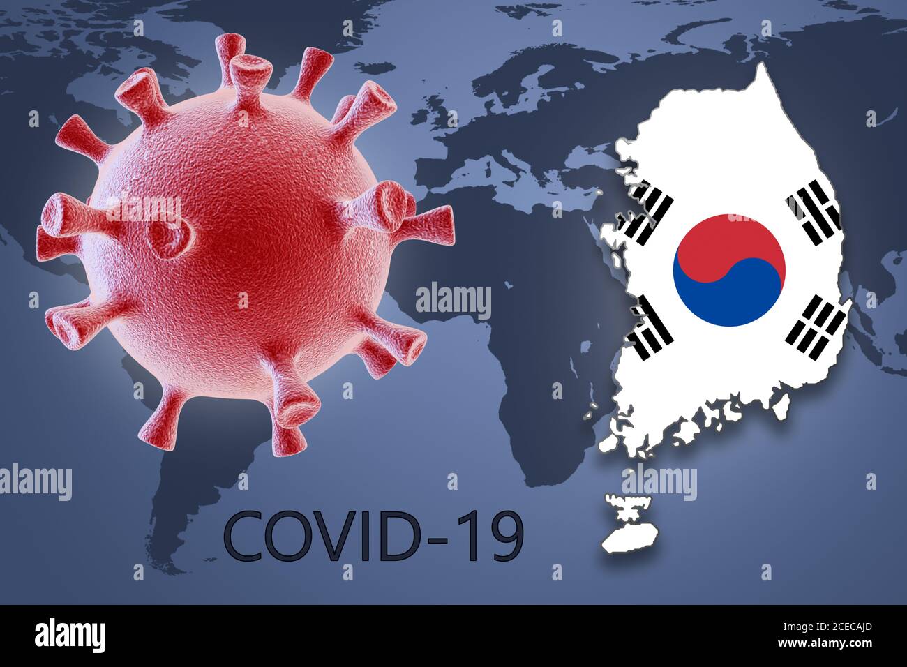 Cellula di coronavirus e mappa della Corea del Sud sullo sfondo di La mappa del mondo Foto Stock
