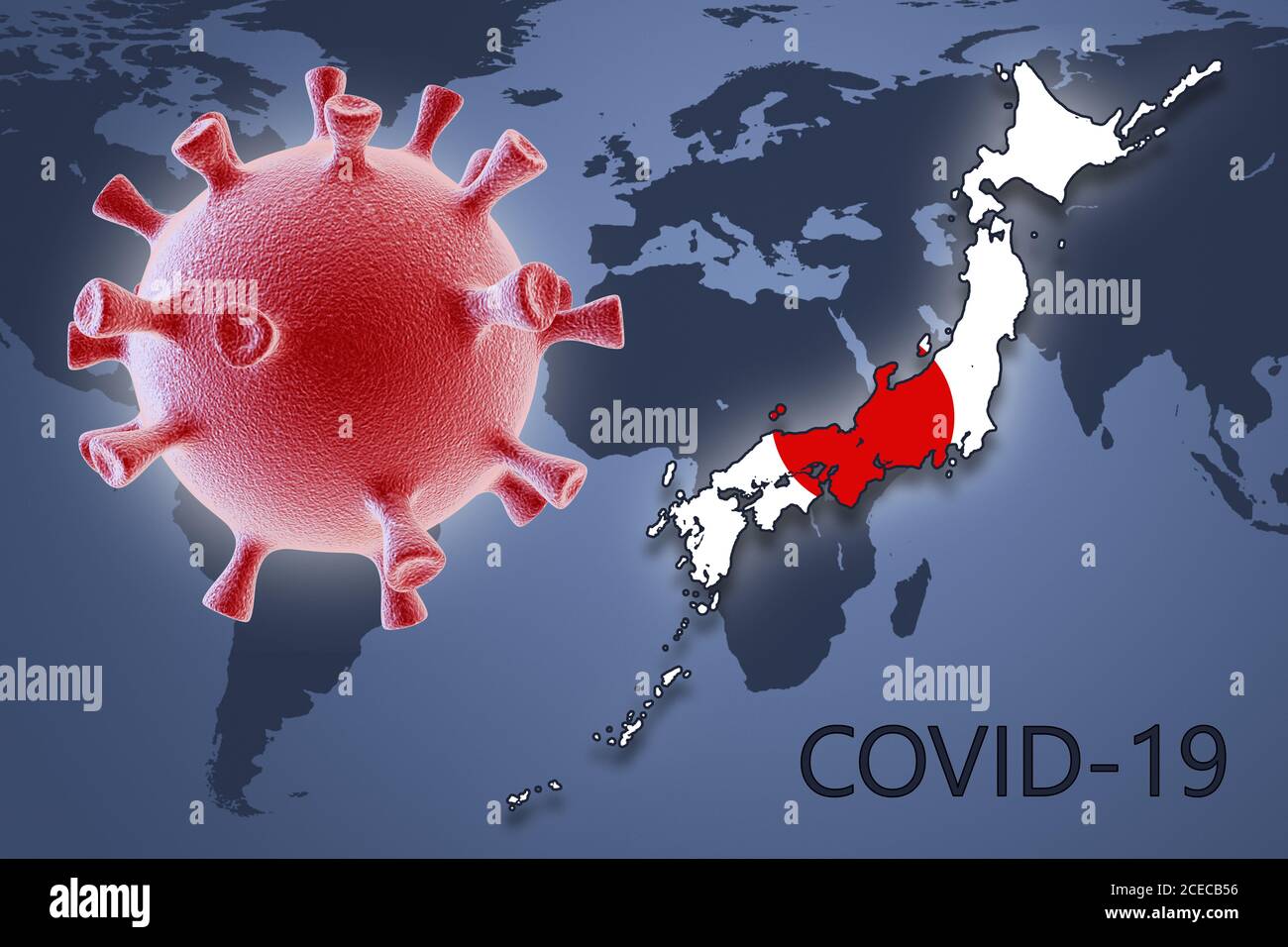 Cellula di coronavirus e mappa del Giappone sullo sfondo del Mappa del mondo Foto Stock