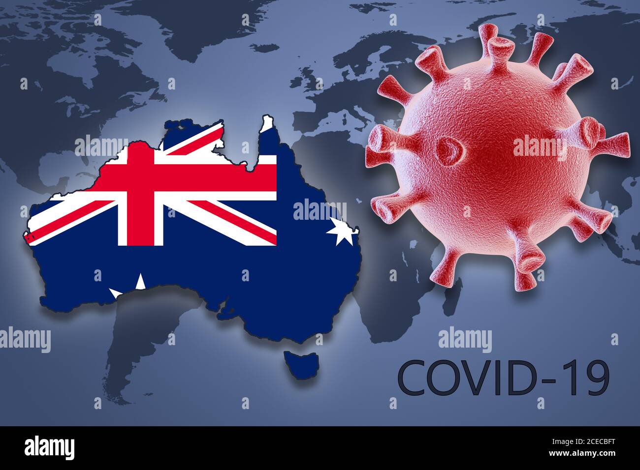 Cellula di coronavirus e mappa dell'Australia sullo sfondo del Mappa del mondo Foto Stock