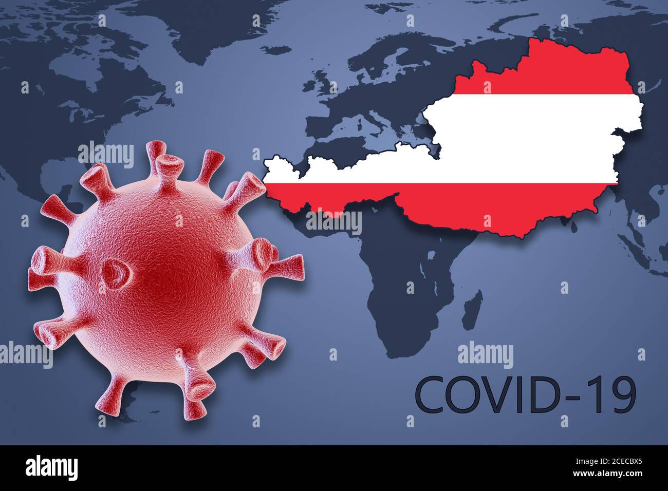 Cellula di coronavirus e mappa dell'Austria sullo sfondo del Mappa del mondo Foto Stock