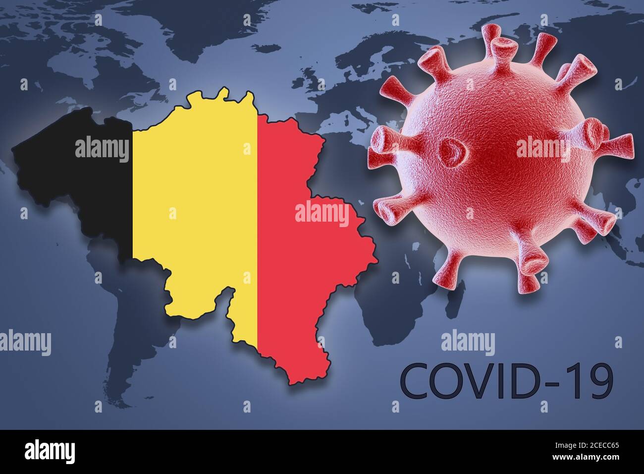 Cellula di coronavirus e mappa del Belgio sullo sfondo del Mappa del mondo Foto Stock