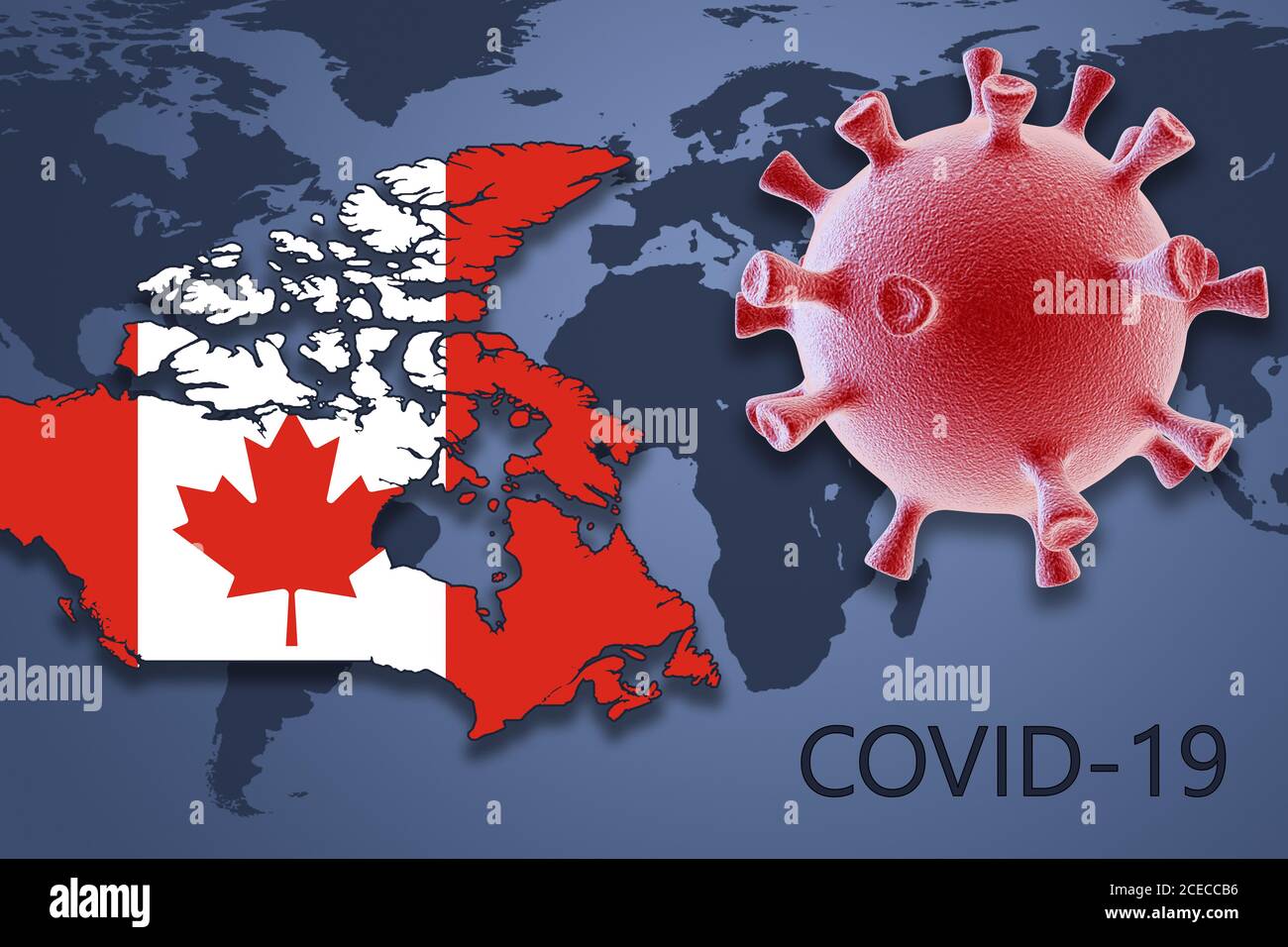 Cella di coronavirus e mappa del Canada sullo sfondo della mappa del mondo. Rendering 3D Foto Stock