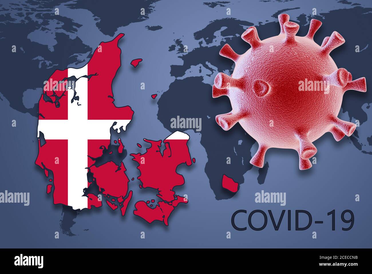 Cellula di coronavirus e mappa della Danimarca sullo sfondo del Mappa del mondo Foto Stock