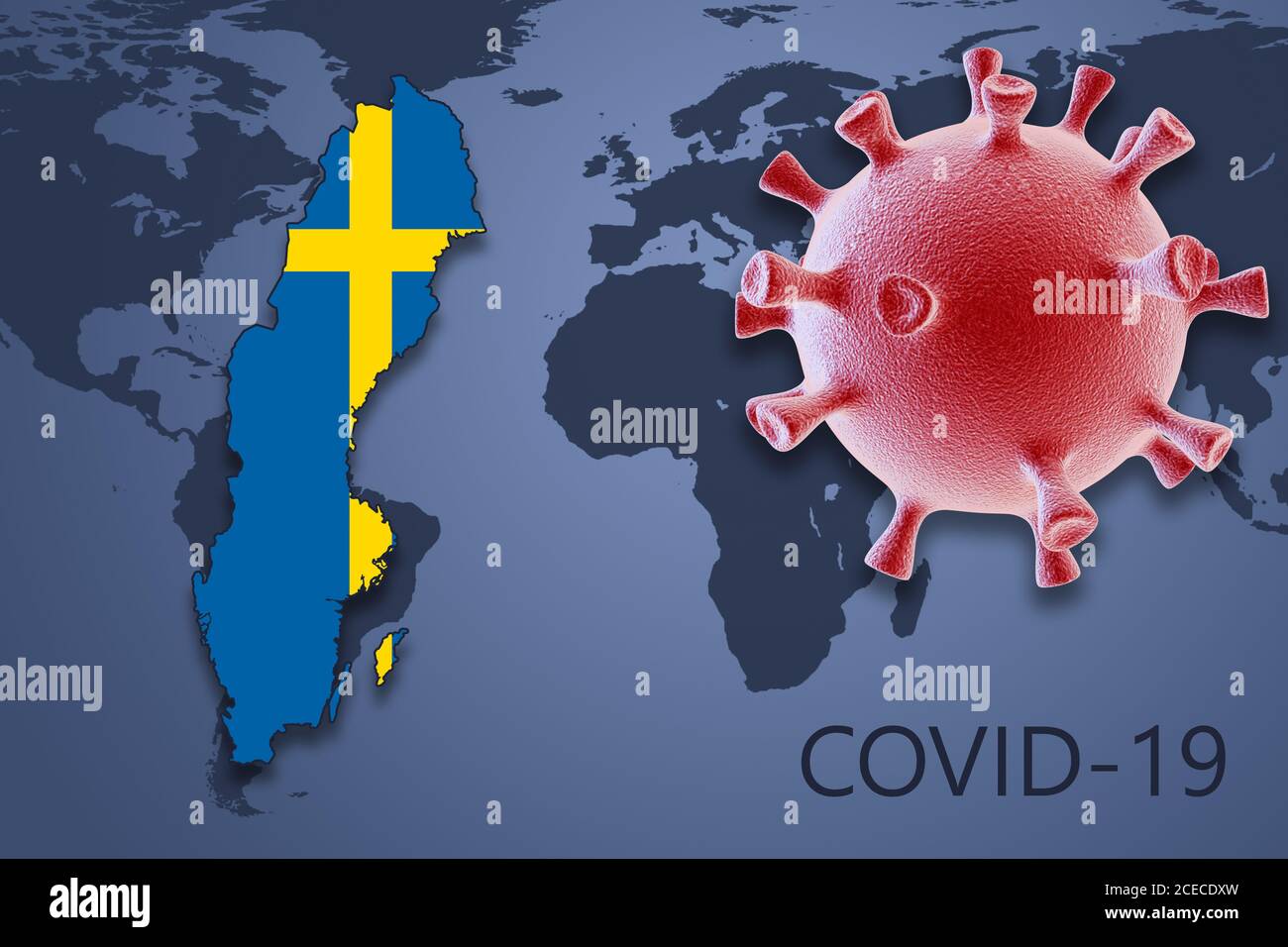 Cella di coronavirus e mappa della Svezia sullo sfondo della mappa mondiale. Illustrazione 3D Foto Stock