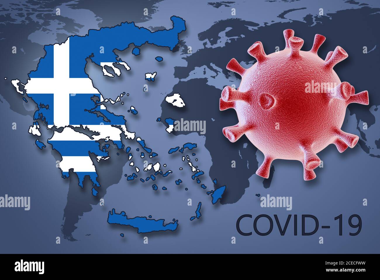 Cella del coronavirus e mappa della Grecia sullo sfondo della mappa del mondo. Illustrazione 3D Foto Stock