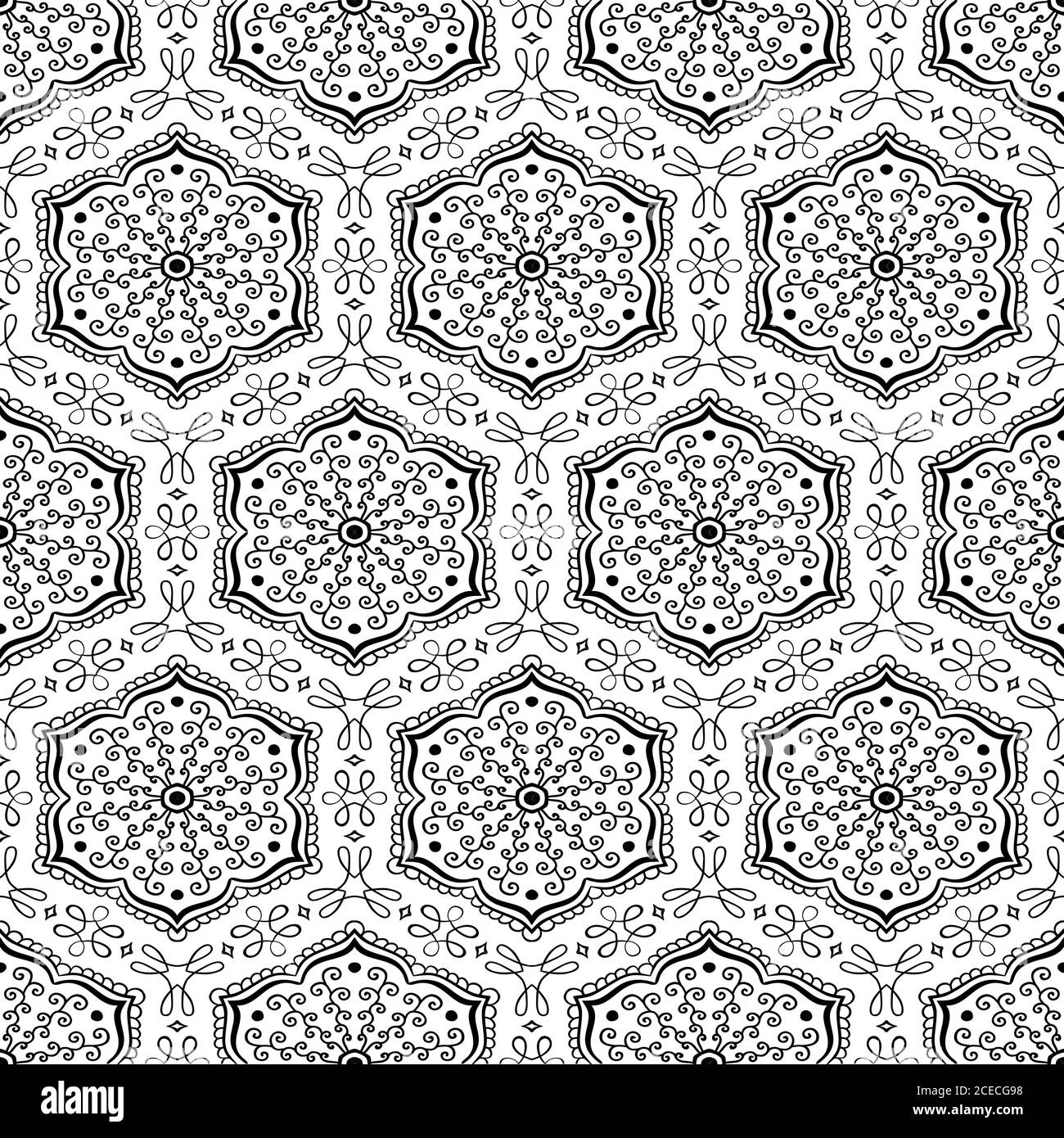 Motivo geometrico con elementi floreali in bianco e nero, sfondo vettoriale senza cuciture Illustrazione Vettoriale