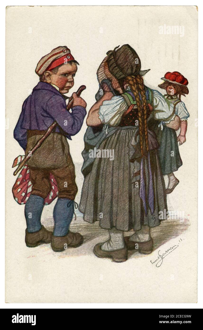 Cartolina storica tedesca: Bambini come adulti: Un giovane contadino congedo la sua amata piangente, guerra mondiale 1 1915, dall'artista Beithan Emil Foto Stock