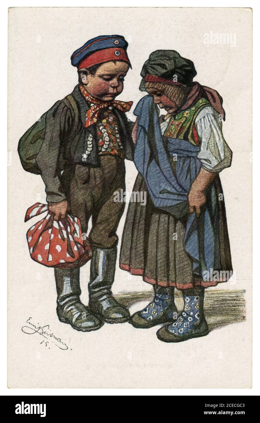 Cartolina storica tedesca: Bambini come adulti: Un giovane contadino congedo la sua amata piangente, guerra mondiale 1 1915, dall'artista Beithan Emil Foto Stock