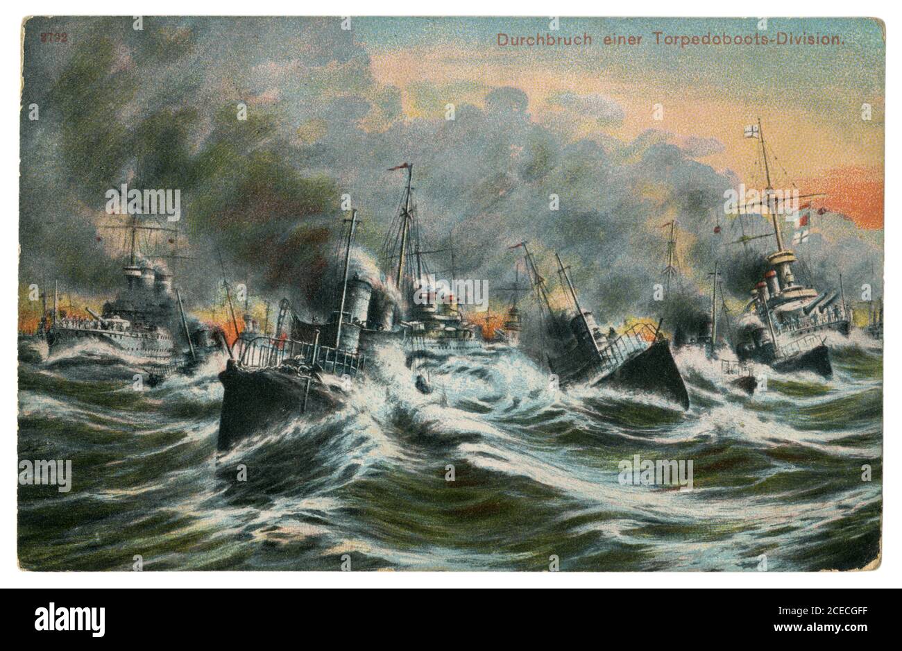 Cartolina storica tedesca: Rottura di una divisione di barca di siluro. Una flottiglia in un mare accidentato. Imperial German Navy (kaisermarine), 1908 Foto Stock