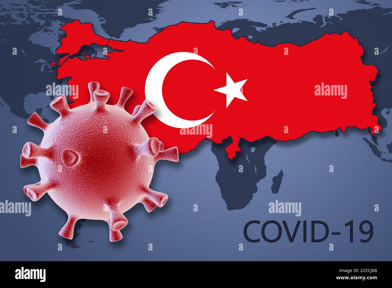 Cellula di coronavirus e mappa della Turchia sullo sfondo del Mappa del mondo Foto Stock