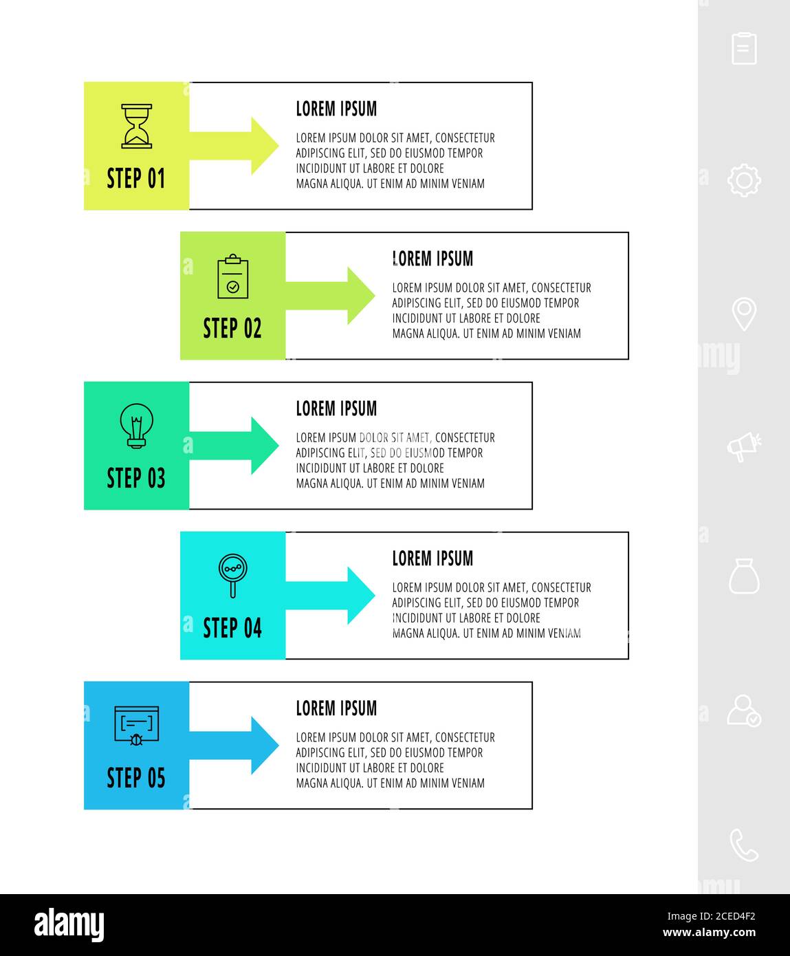 Disegno infografico vettoriale con 5 rettangoli con frecce. Modello piatto utilizzato per diagrammi, Web, layout del flusso di lavoro, presentazioni, grafici informativi, timeline Illustrazione Vettoriale