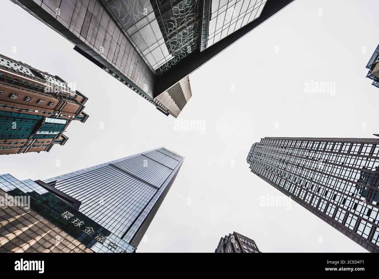 Da sotto un'immagine di alti grattacieli contemporanei con riflessi di vetro luce del giorno sotto il cielo limpido Foto Stock