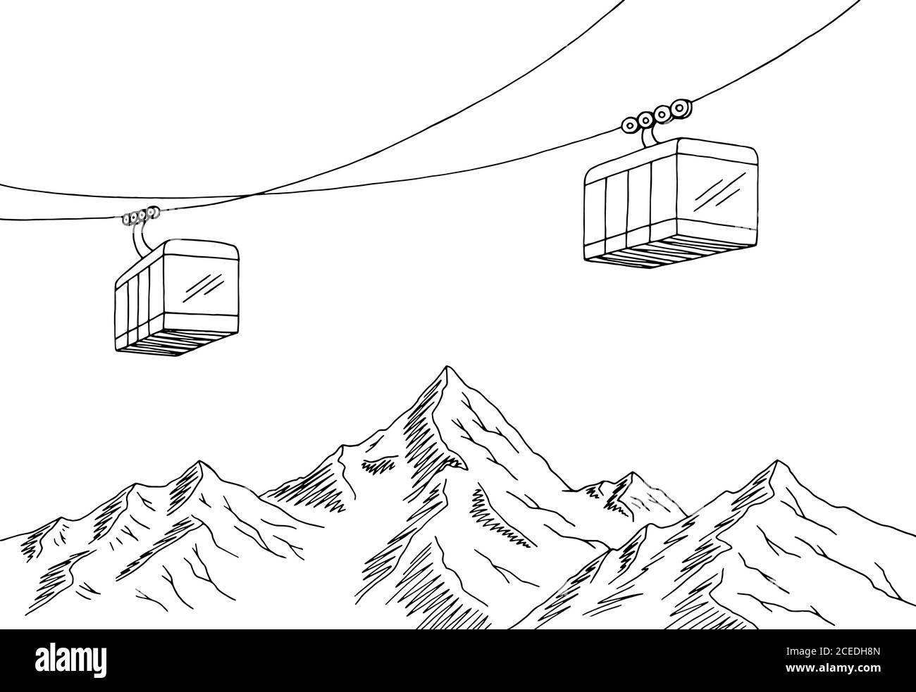 Funivia grafica montagna bianco nero disegno paesaggio vettore illustrazione Illustrazione Vettoriale