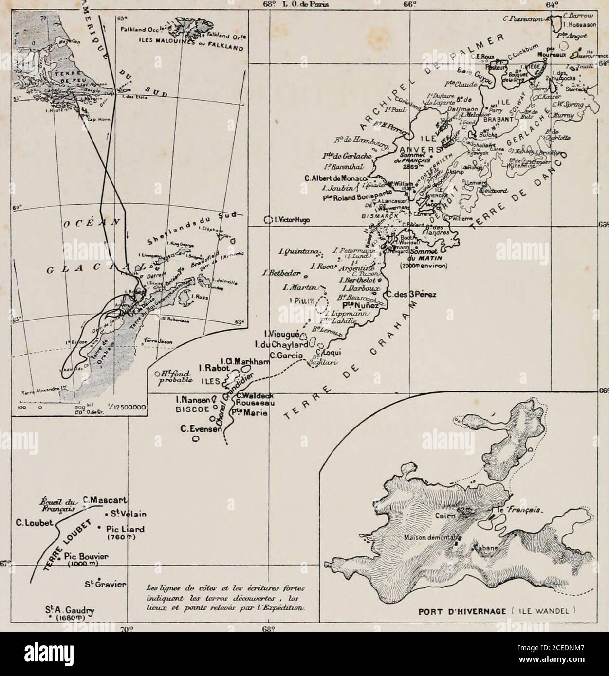 . ExpÃ©dition antartique franÃ§aise (1903-1905) : commandÃ©e par le dr. Jean Charcot. CÃ´RBEiL â Imprimerie ed. CbstÃ©. CARTE DES RÃGIONS PARCOURUES ET RELEVEES PAR LEXPÃDITION ANTARCTIQUE FRANÃAISE Membres de lÃtat-Major :Lean Chabbot â A. Matha â J. Rey â P. PlÃ©neau â J. Turquet â E. Gourdon OUVRAGE PUBLIÃ SOUS LES AUSPICES ou MINISTÃRE DE LINSTRUCTPUBLIQUE la DIRECTION DE L. JOUBIN, Professeur au MusÃ©um dHistoire Naturelle EXPÃDITION ANTARCTIQUE FRANÃAISE (1903-1905) COMMANDEE PAR LE D^ Jean CHARCOT Journal de lExpÃ©dition J.-B. CHARCOT PARISMASSON ET C% ÃDITEURS 120, BOULEVARD Foto Stock