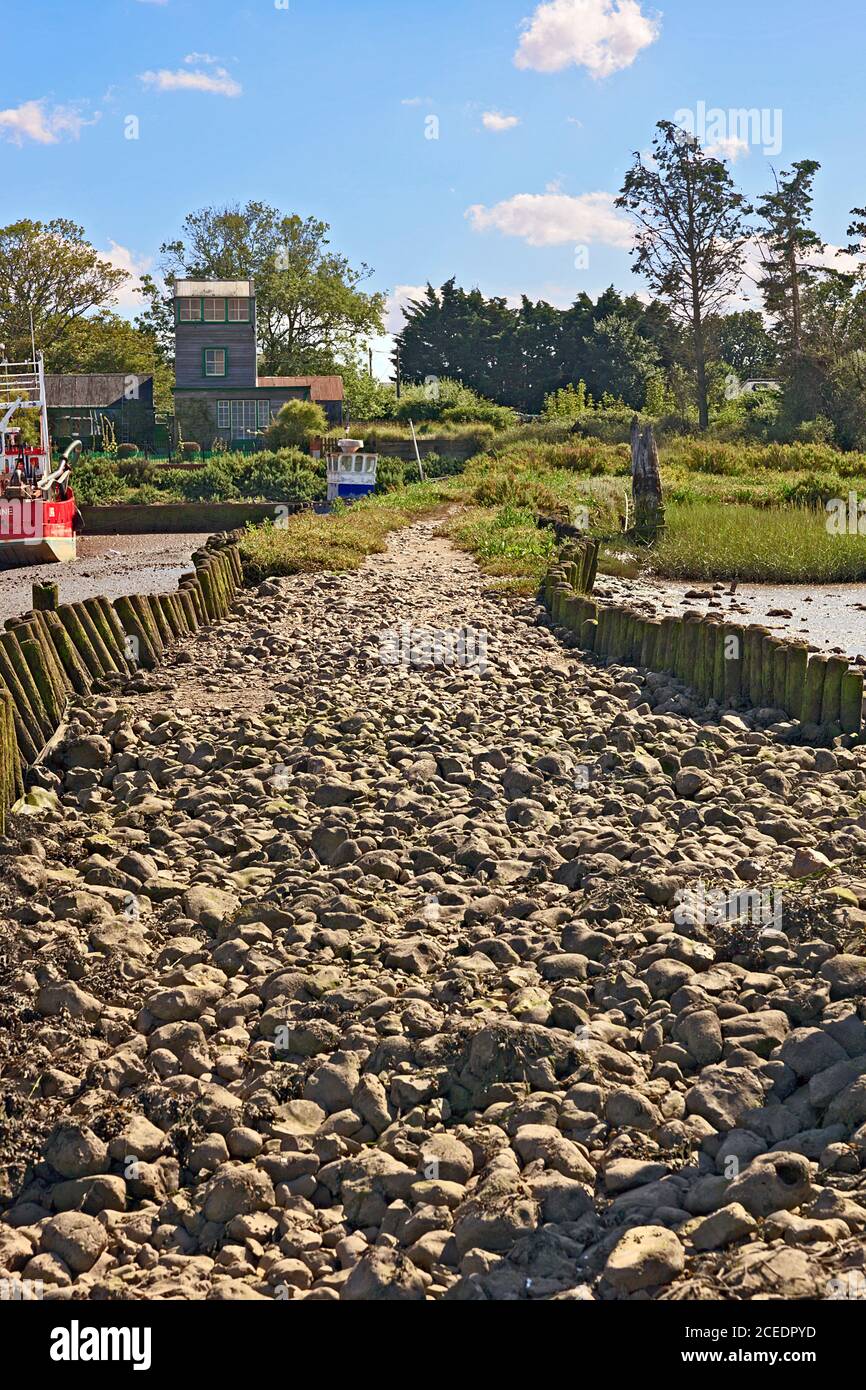 Sentiero rialzato a Brancaster Staithe Harbour sulla costa di Norfolk, Regno Unito Foto Stock