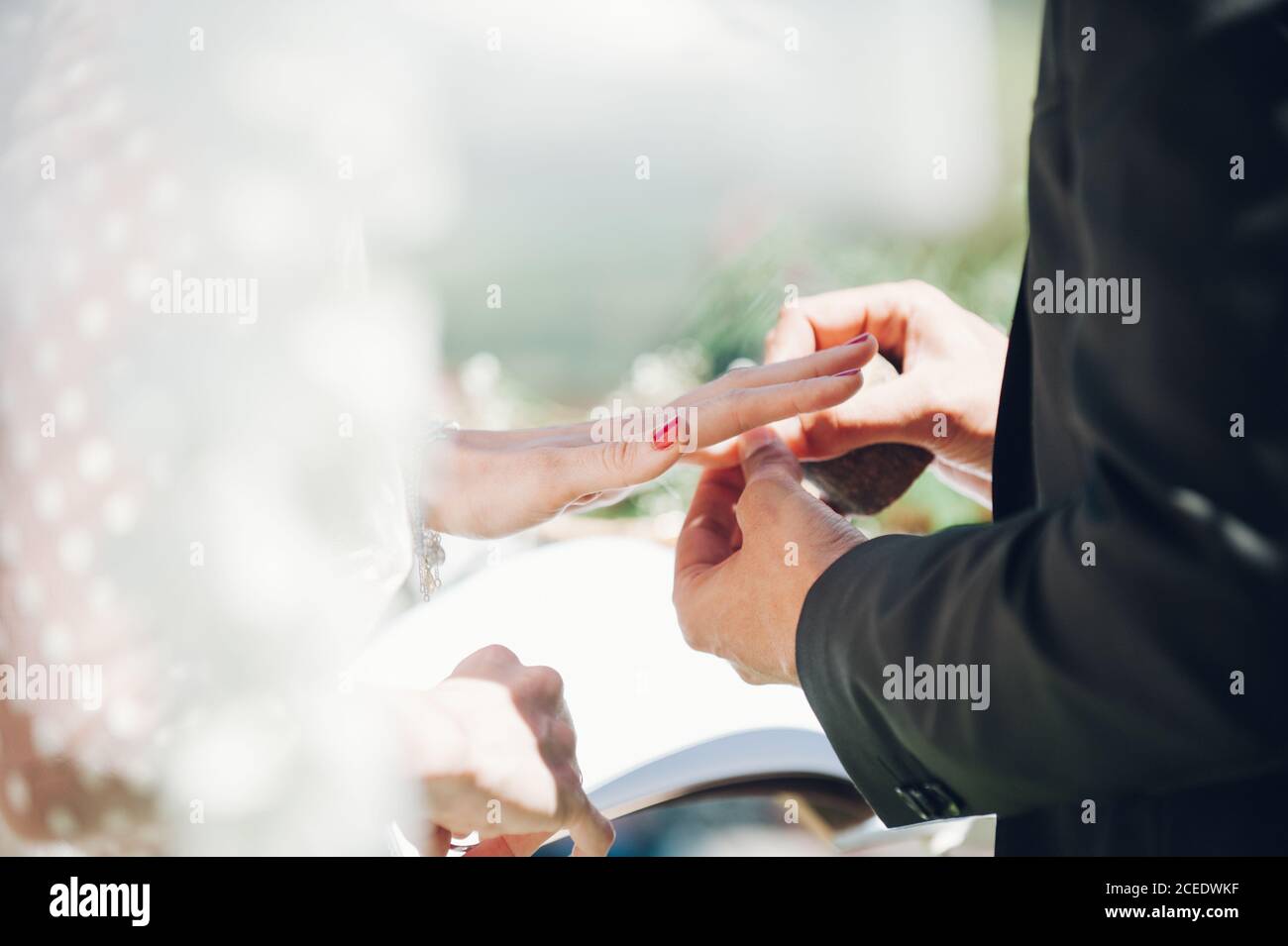 Giovane uomo e donna scambiano gli anelli di nozze in giardino Foto Stock