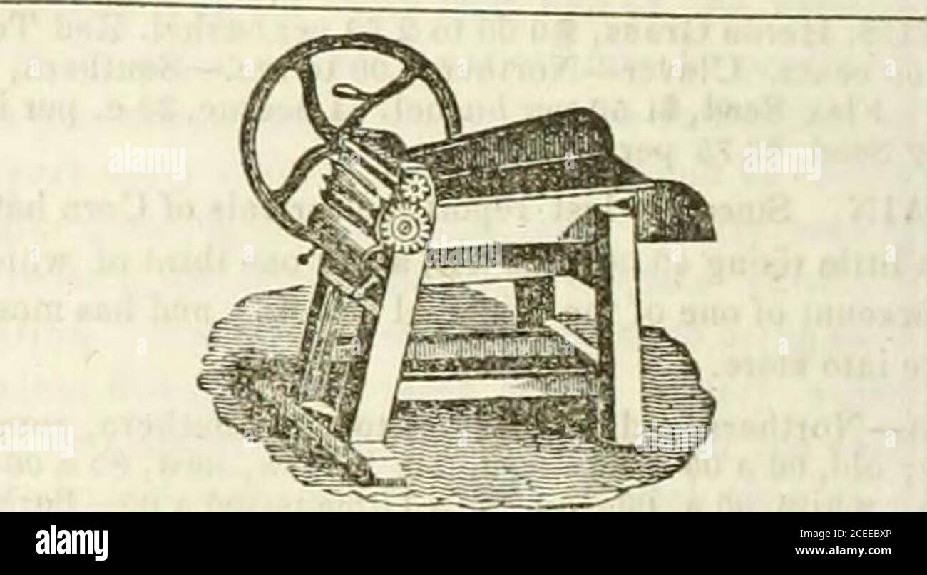 . Coltivatore del New England, e registro orticolo. Fortyotten ore in acqua, anddry loro in un forno, cento parti di patate fresche daranno trenta così preparato. In questo stato possono essere conservati per anni, o intoflour macinato, uhich mescolato con un terzo segale, fa pane ex-cellent Tenne. ^iericx , BREVETTO COIIN SHELLER. Un granoturco shellcr è uno degli attrezzi più convenienti e laboratsaving che il coltivatore praclical ha in use.Various macchine per questo scopo sono state inventate. Può essere utilizzato in tutti i casi per orecchie di grandi o piccole dimensioni. È molto semplice nel suo costruttiou, e durevole nel suo o Foto Stock