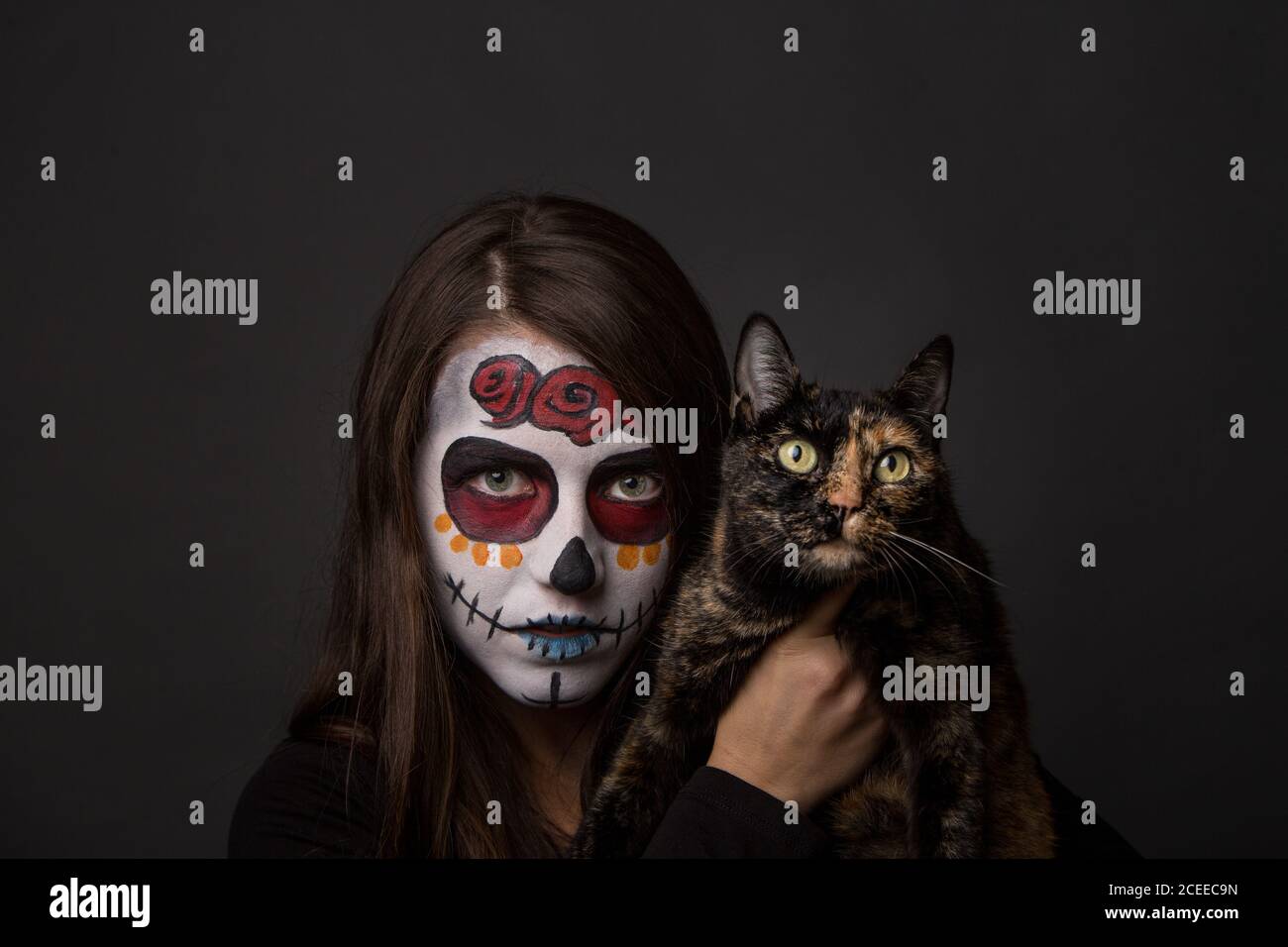 Giovane Signora bruna con cupo azienda trucco divertente gatto e guardando la fotocamera su sfondo nero Foto Stock