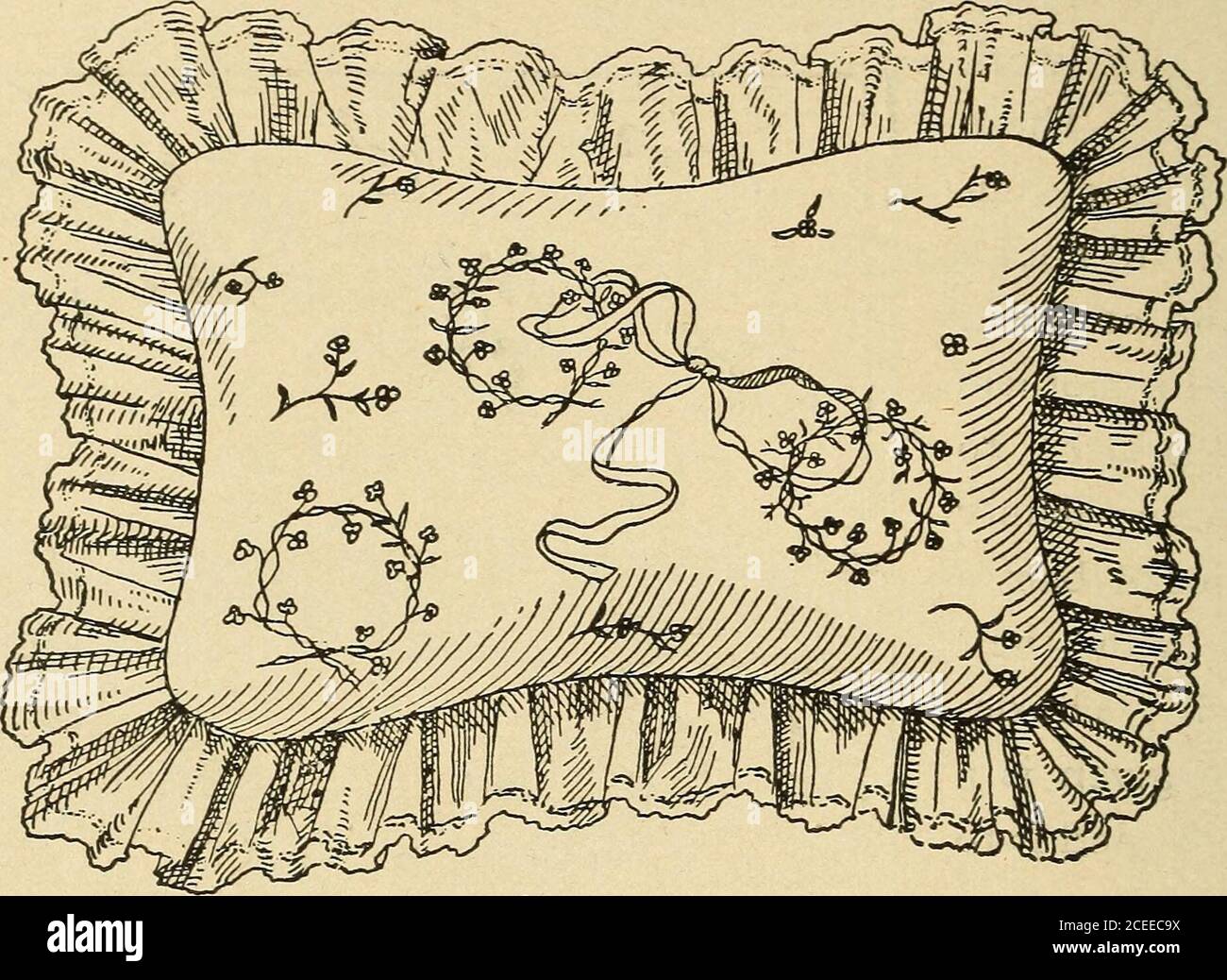 . Lavoro di fantasia per il piacere e il profitto. Bambini culla copertura. Fuori i gambi e fogliame in profilo e punto satin in due tonalità di filo verde chiaro filo filo filo filo. I fiocchi e le anse del nastro lavorano in punto di contorno 458 LAVORO SGRADEVOLE PER PIACERE E PROFITTO. Con filo di filo giallo palesato. La copertura deve essere lunga 44 pollici e larga 36 pollici. La parte superiore dovrebbe essere piegata sopra ad una profondità di 12inches per formare una cesamatura e bordata con pizzo bianco fine. I lati e. CUSCINO DEL LETTINO PER BAMBINI S. il bordo inferiore deve essere rifinito con un orlo cucito. Si tratta di un progetto a scelta specifica. Il piccolo cuscino è completo Foto Stock