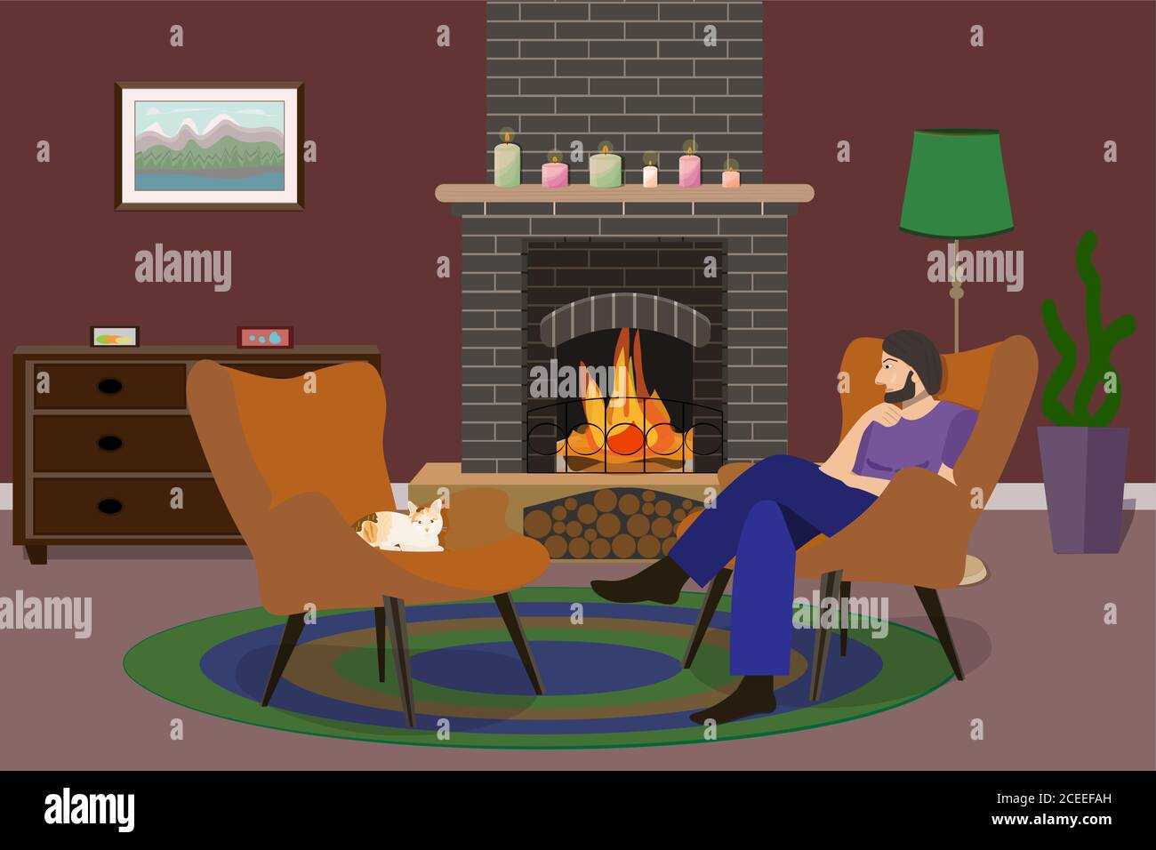 Un uomo dai capelli scuri con una barba in pantaloni blu e una T-shirt viola si siede in una sedia arancione in una stanza con un camino in mattoni scuri brucianti, di fronte a. Illustrazione Vettoriale