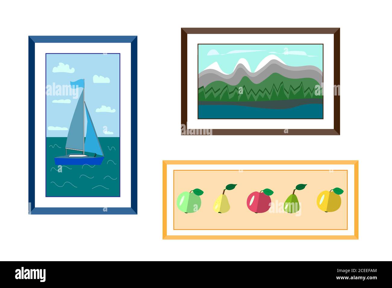 tre dipinti incorniciati su una parete bianca. yacht al mare in una cornice blu, paesaggio di montagna in una cornice marrone e mele e pere in una cornice arancione Illustrazione Vettoriale